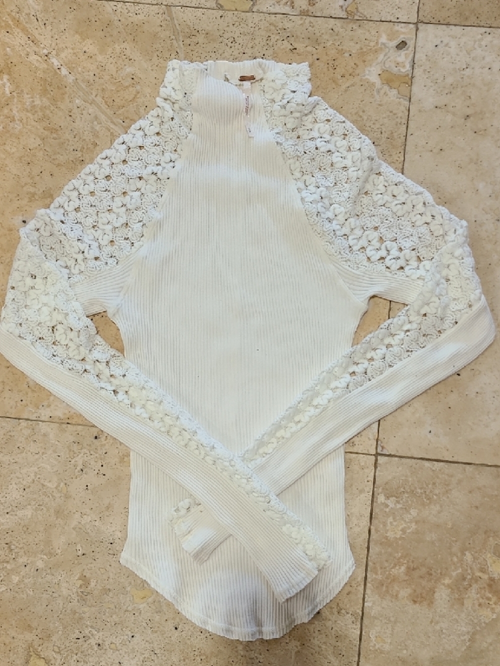 Free People Ivory Lace-Panel Ribbed Long Sleeve Top